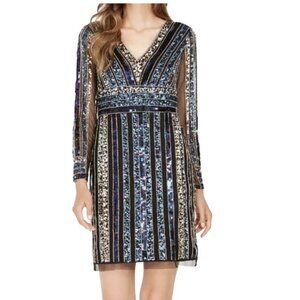 Adrianna Papell Semi Formal Sequin Dress Size 4P Mini Long Sleeve Rainbow Disco